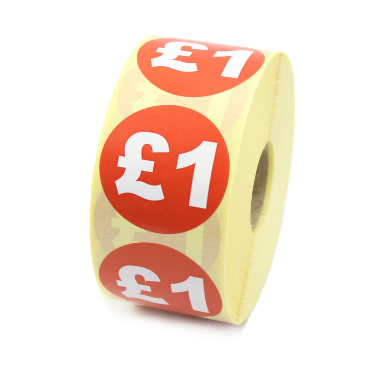 Printed £1 Promotional Labels, Red & White. 40mm Diameter.