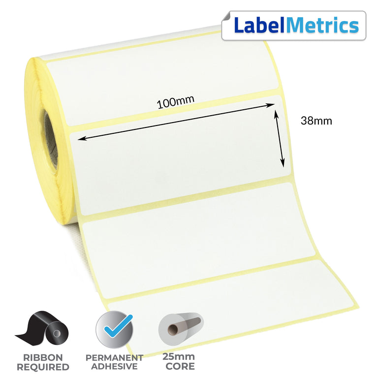 100 x 38mm Thermal Transfer Labels - Permanent Adhesive