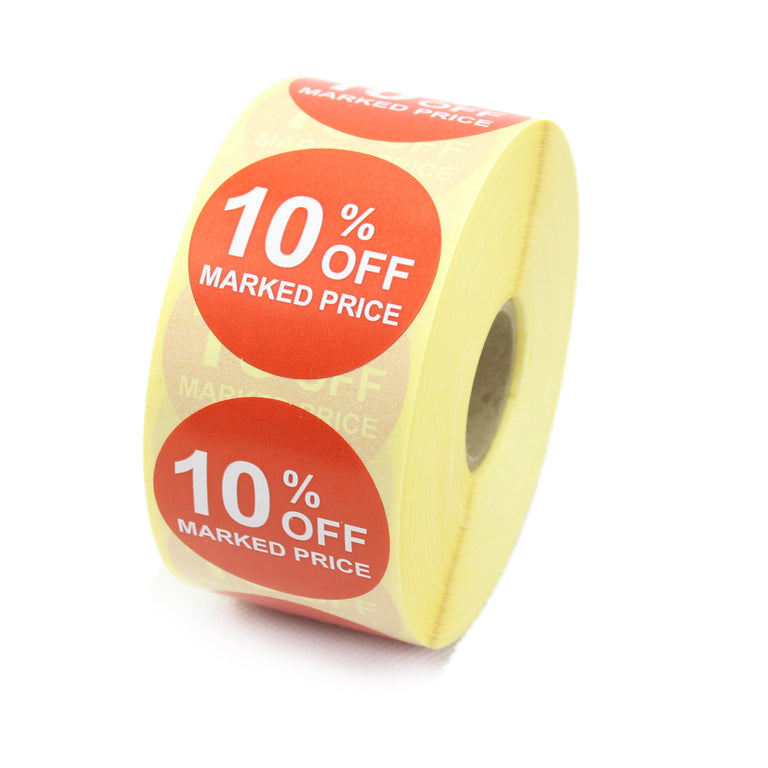 10% off marked price Promotional Labels, Red & White. 40mm Diameter.