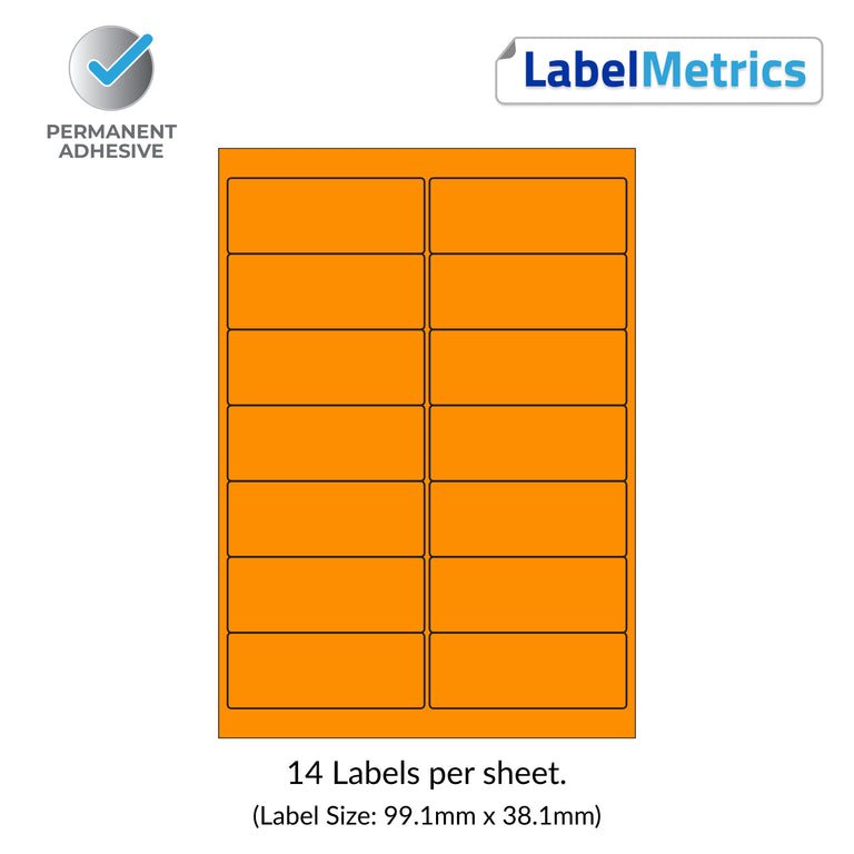 Orange (Pantone 021) A4 Laser Labels - Inkjet Labels - 14 Per Sheet (99.1mm x 38.1mm) LL14