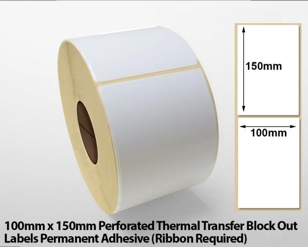 100 x 150mm Perforated Thermal Transfer Block Out Labels - Permanent Adhesive