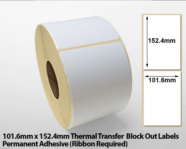 101.6 x 152.4mm Thermal Transfer Block Out Labels - Permanent Adhesive
