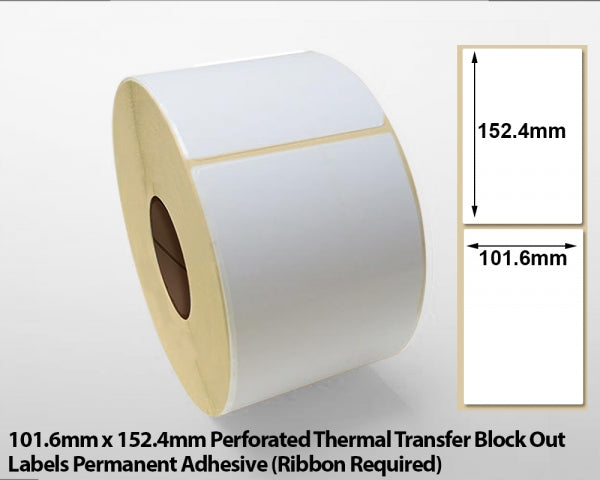 101.6 x 152.4mm Perforated Thermal Transfer Block Out Labels - Permanent Adhesive