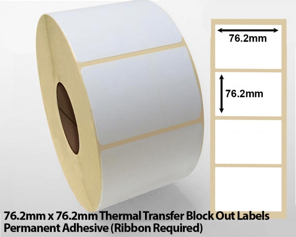 76.2 x 76.2mm Thermal Transfer Block Out Labels - Permanent Adhesive