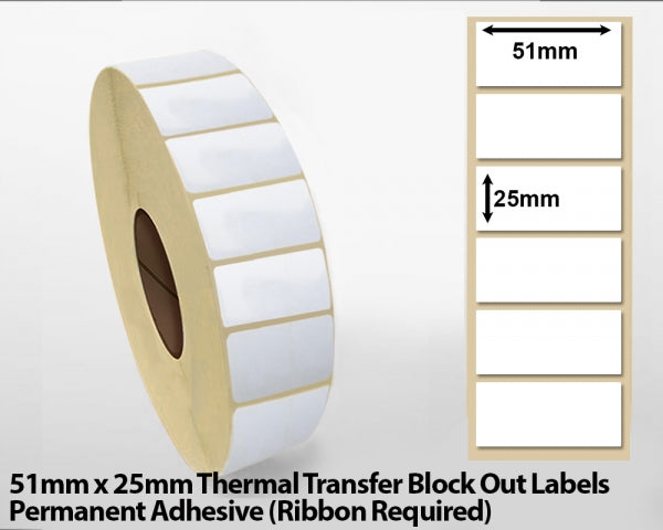 51 x 25mm Thermal Transfer Block Out Labels - Permanent Adhesive