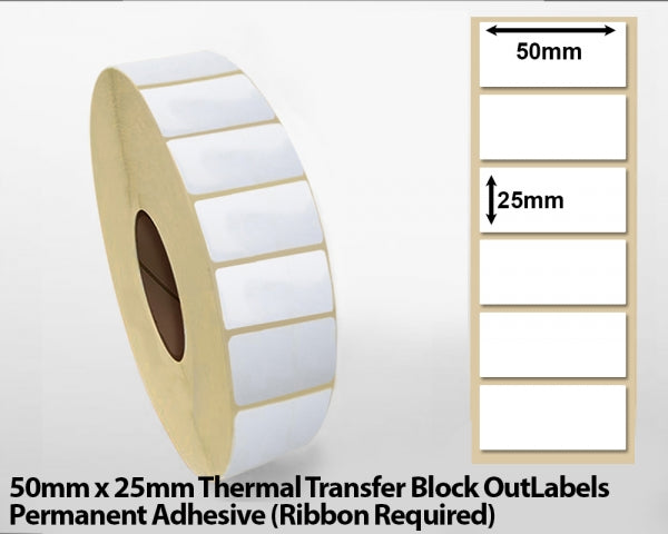 50 x 25mm Thermal Transfer Block Out Labels - Permanent Adhesive