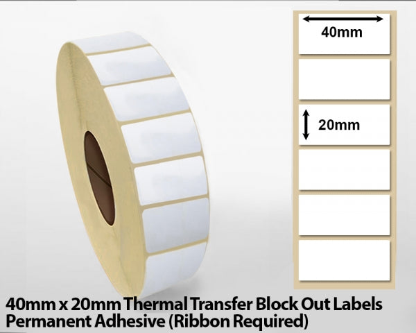 40 x 20mm Thermal Transfer Block Out Labels - Permanent Adhesive