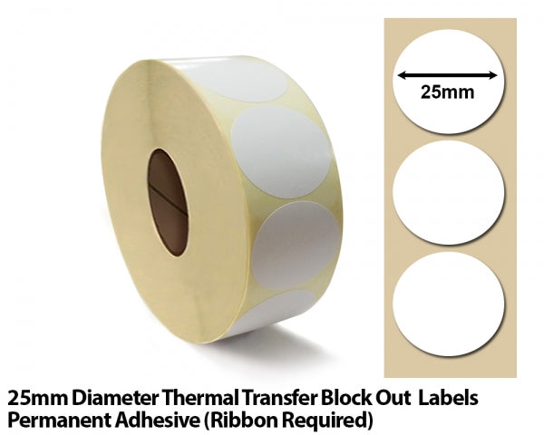 25mm Diameter Thermal Transfer Block Out Labels - Permanent Adhesive