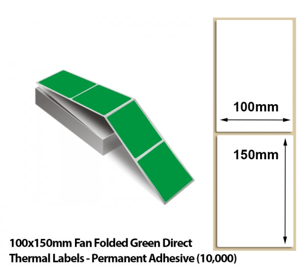 100x150mm Fan Folded Green Direct Thermal Labels - Permanent Adhesive (10000)