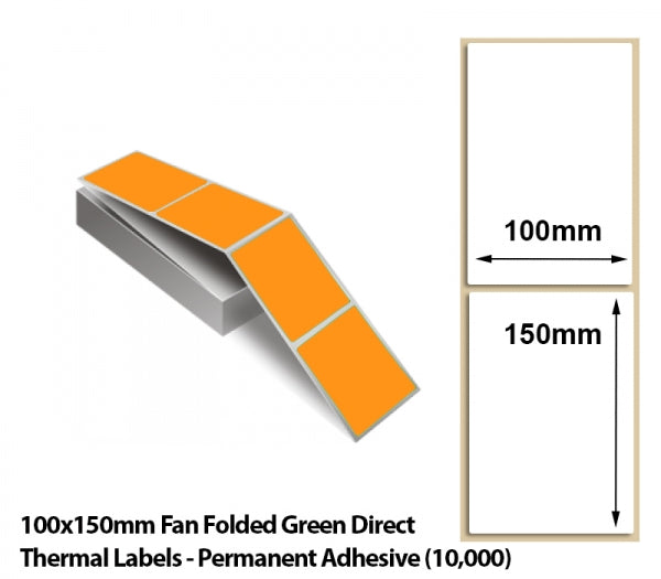 100x150mm Fan Folded Orange Direct Thermal Labels - Permanent Adhesive (10000)