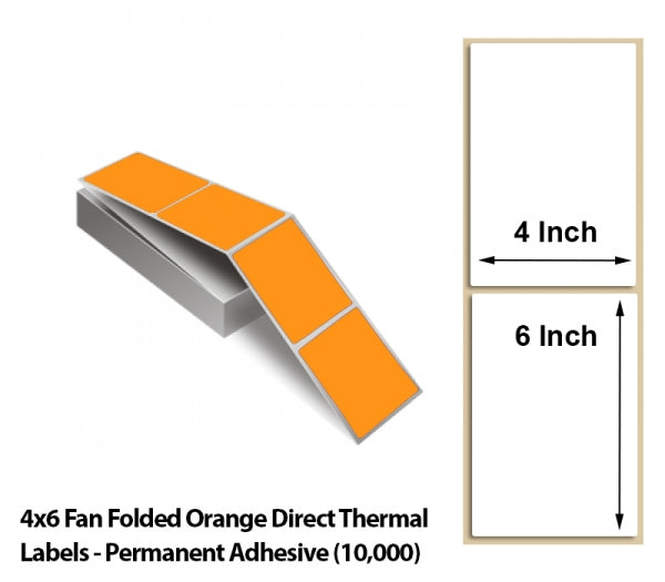 4x6 Fan Folded Orange Direct Thermal Labels - Permanent Adhesive (10000)