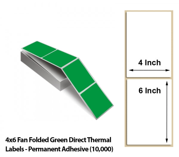 4x6 Fan Folded Green Direct Thermal Labels - Permanent Adhesive (10000)