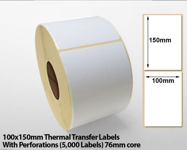 100x150mm Thermal Transfer Labels With Perforations (5000 Labels) 76mm core