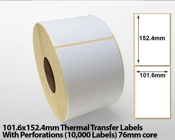 101.6x152.4mm Thermal Transfer Labels With Perforations (10000 Labels) 76mm core
