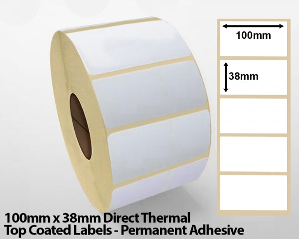 100 x 38mm Direct Thermal Top Coated Labels - Permanent Adhesive