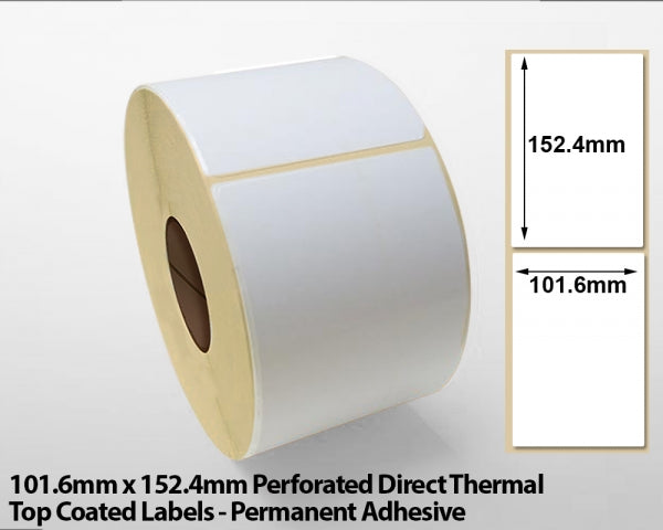 101.6 x 152.4mm Direct Thermal Top Coated Labels with Perforations - Permanent Adhesive