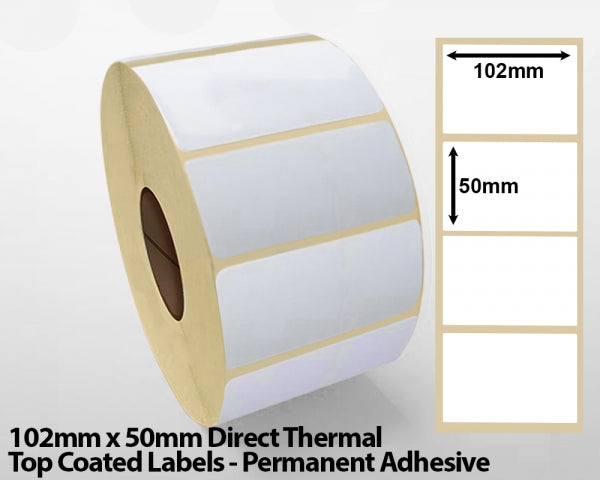 102 x 50mm Direct Thermal Top Coated Labels - Permanent Adhesive