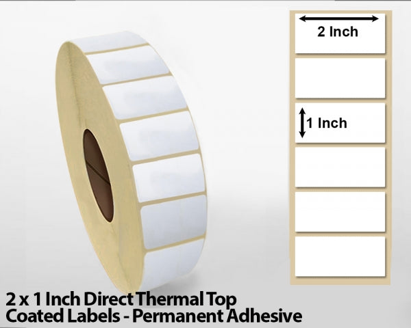 2 x 1 Inch Direct Thermal Top Coated Labels - Permanent Adhesive