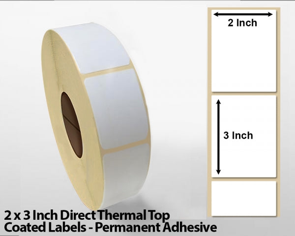 2 x 3 Inch Direct Thermal Top Coated Labels - Permanent Adhesive