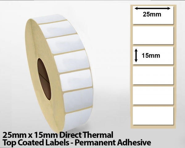 25 x 15mm Direct Thermal Top Coated Labels - Permanent Adhesive