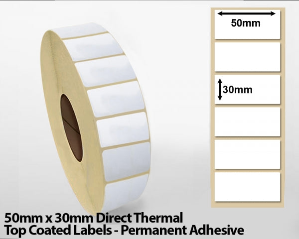 50 x 30mm Direct Thermal Top Coated Labels - Permanent Adhesive