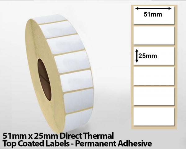 51 x 25mm Direct Thermal Top Coated Labels - Permanent Adhesive