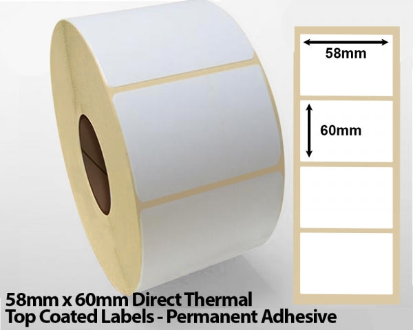 58x 60mm Direct Thermal Top Coated Labels - Permanent Adhesive