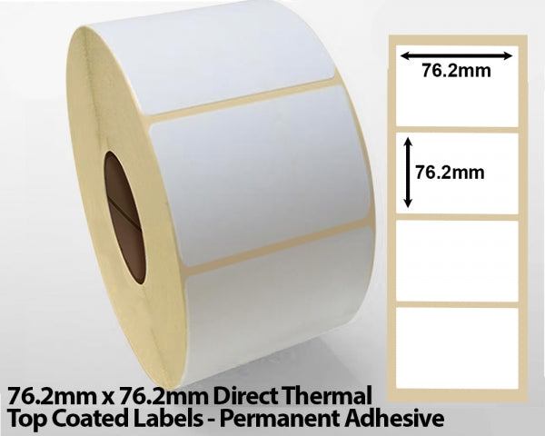 76.2 x 76.2mm Direct Thermal Top Coated Labels - Permanent Adhesive