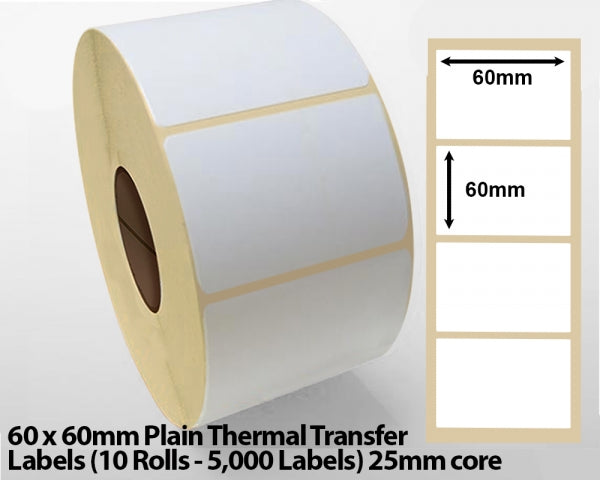 60 x 60mm Plain Thermal Transfer Labels (10  Rolls - 5000 Labels) 25mm core
