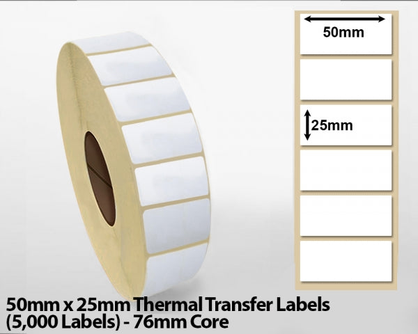 50x25mm Thermal Transfer Labels (5000 Labels) 76mm core