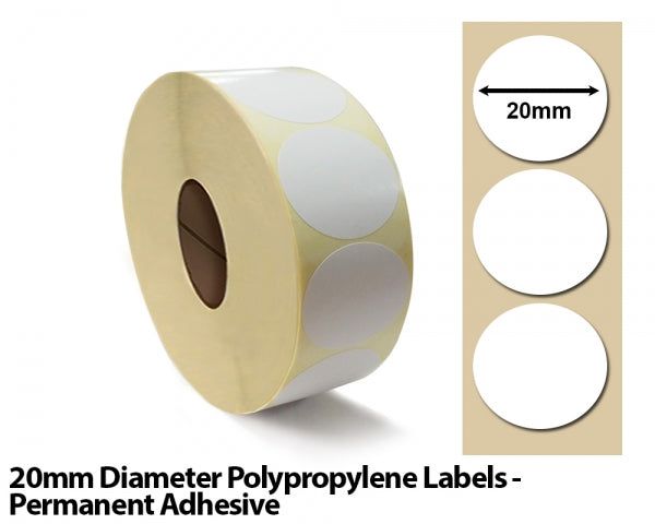 20mm Diameter Polypropylene Labels - Permanent Adhesive