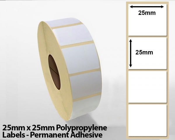 25mm x 25mm Polypropylene Labels - Permanent Adhesive
