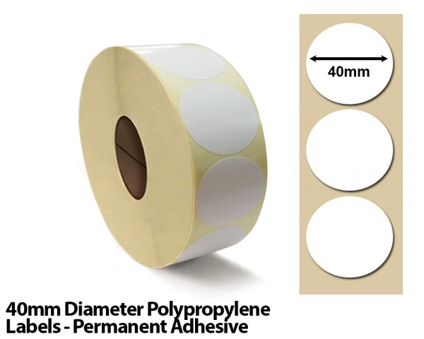 40mm Diameter Polypropylene Labels - Permanent Adhesive