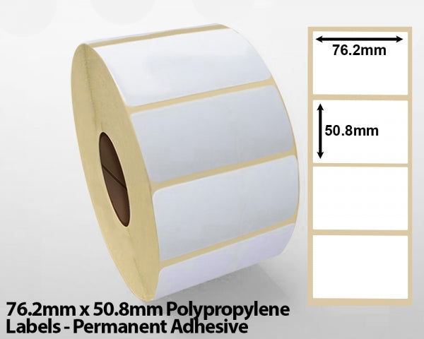 76.2mm x 50.8mm Polypropylene Labels - Permanent Adhesive
