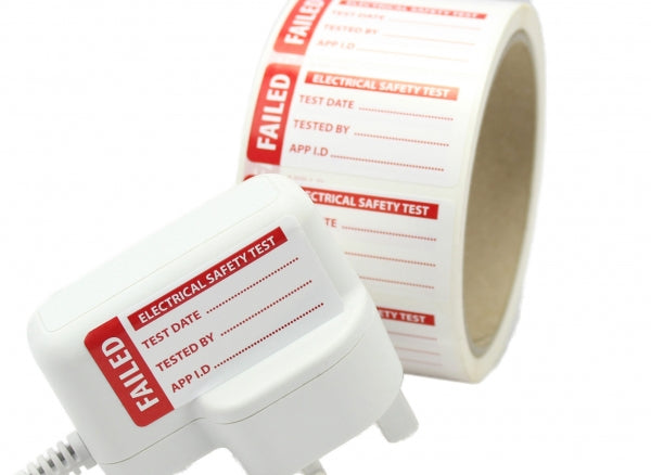 Red Failed PAT testing labels 50mm x 25mm on Polypropylene.