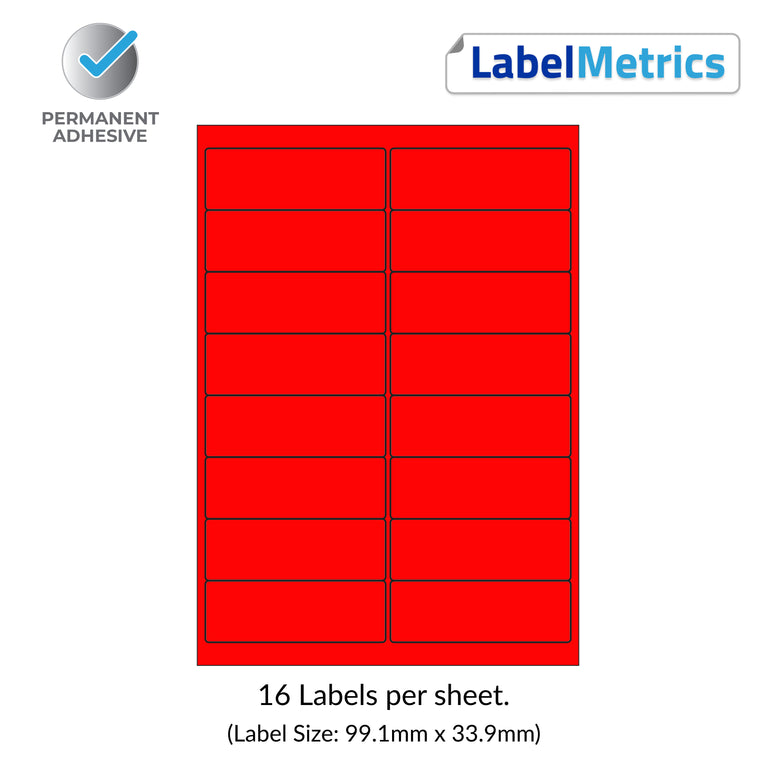 Matt Red (Pantone 032) A4 Laser Labels - Inkjet Labels - 16 Per Sheet (99.1mm x 33.9mm) LL16