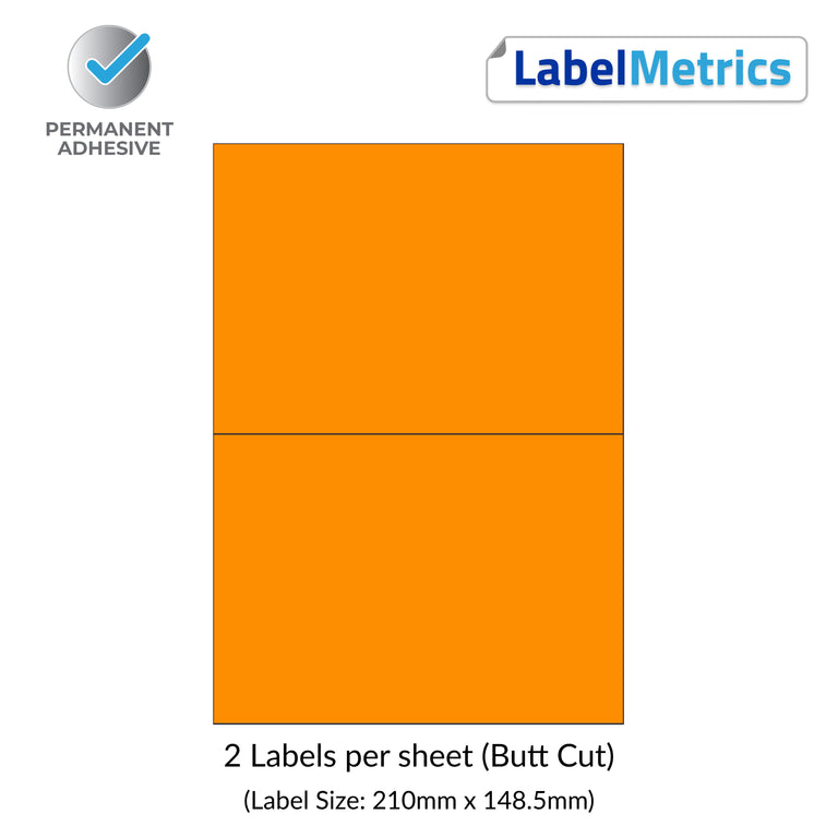 Orange A4 Laser Labels - Inkjet Labels, Butt Cut - 2 Per Sheet (210mm x 148.5mm) LL02NSE