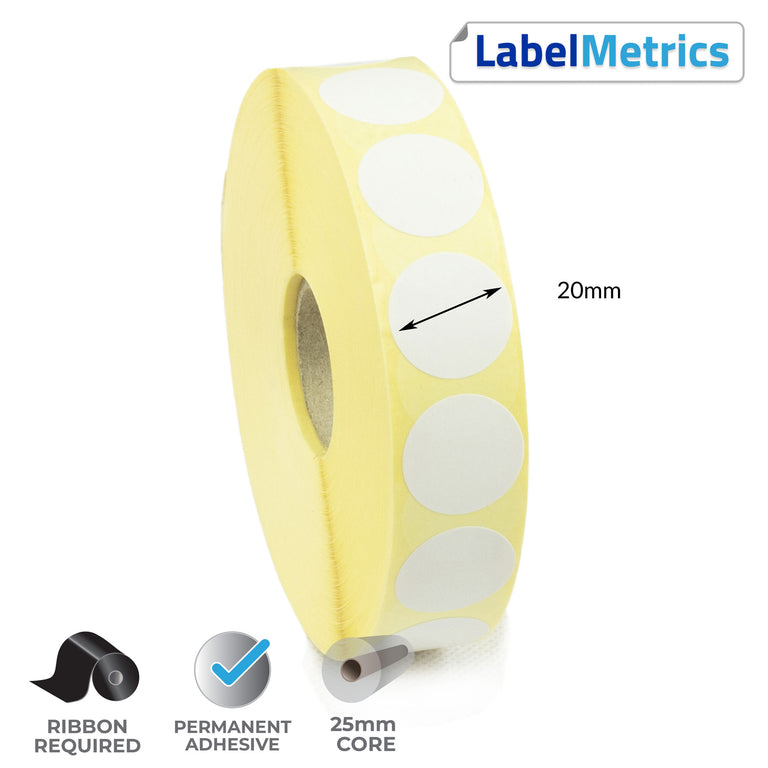 20mm Diameter Thermal Transfer Labels - Permanent Adhesive