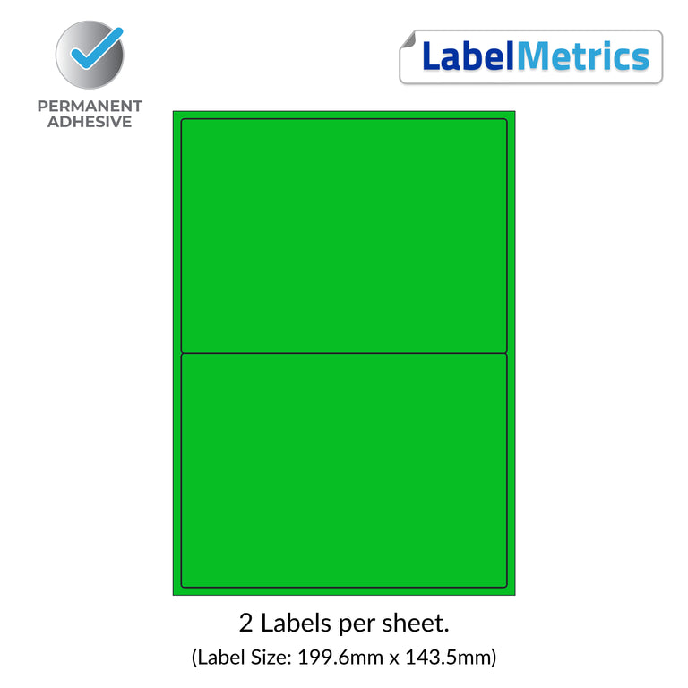 Pantone Green A4 Laser Labels / Inkjet Labels - 2 Per Sheet (199.6mm x 143.5mm) LL02