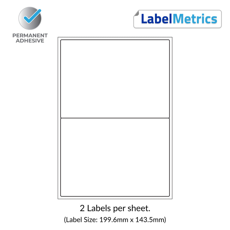 A4 Laser Labels - Inkjet Labels - 2 Per Sheet, 199.6mm x 143.5mm (LL02)