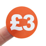 Printed £3 Promotional Labels, Red & White. 40mm Diameter.