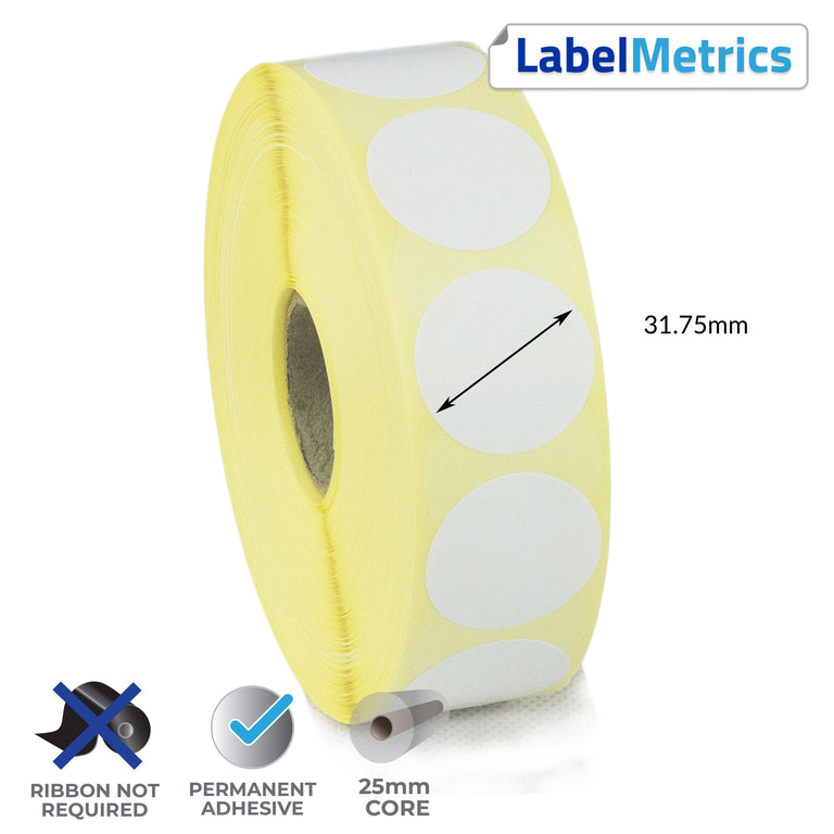 31.75mm Diameter Direct Thermal Labels - Permanent Adhesive
