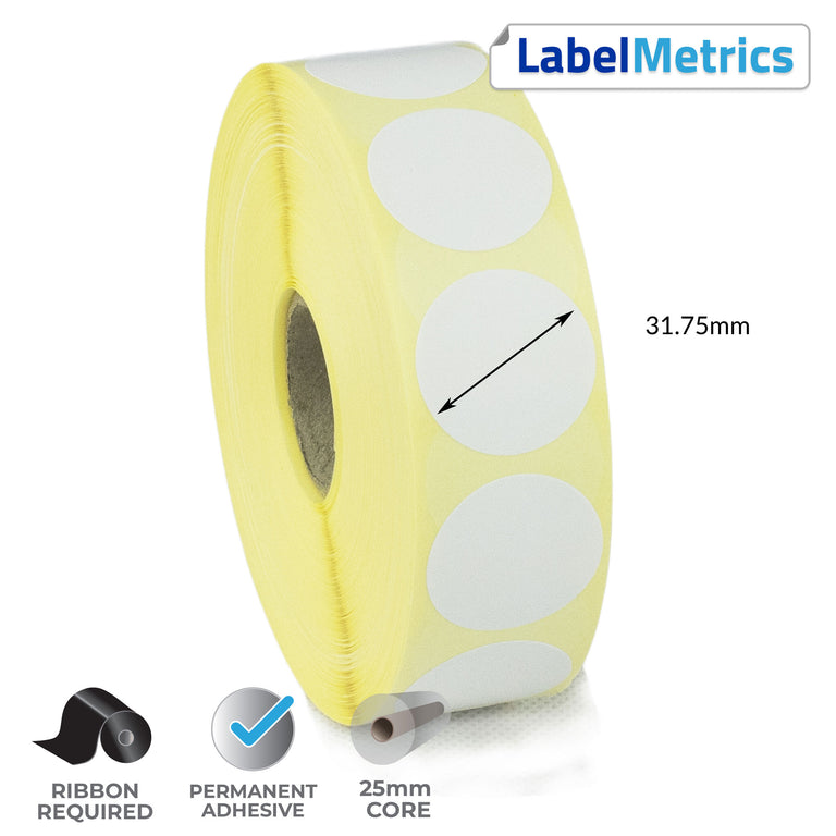 31.75mm Diameter Thermal Transfer Labels - Permanent Adhesive