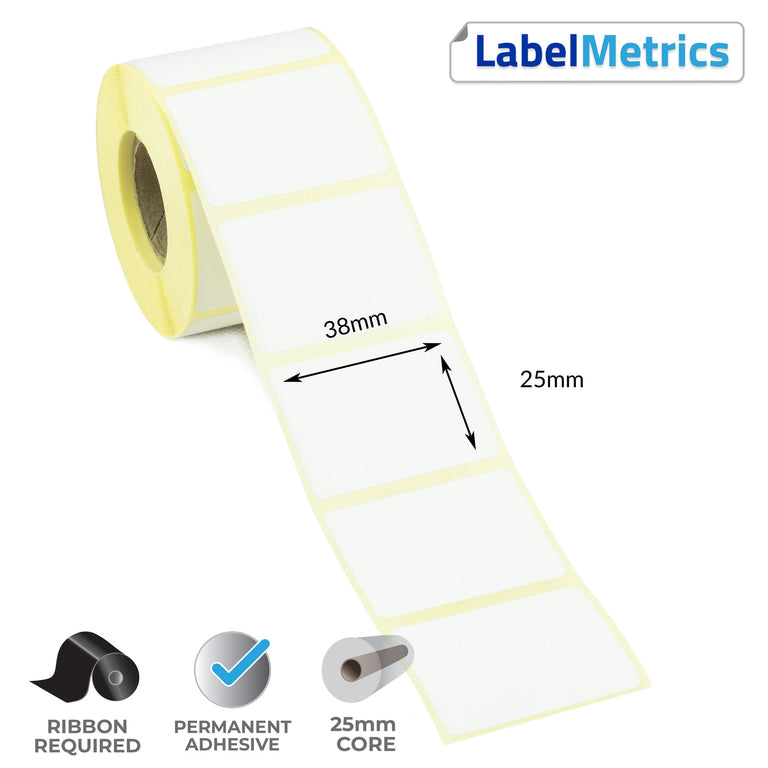 38 x 25mm Thermal Transfer Labels - Permanent Adhesive