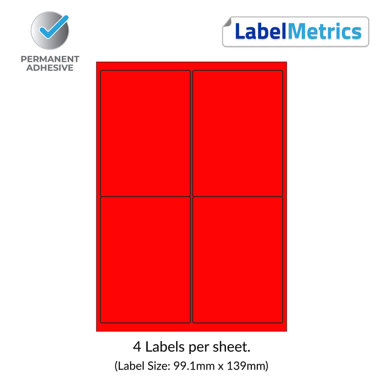 Matt Red (Pantone 032) A4 Laser Labels - Inkjet Labels - 4 Per Sheet (99.1mm x 139mm) LL04