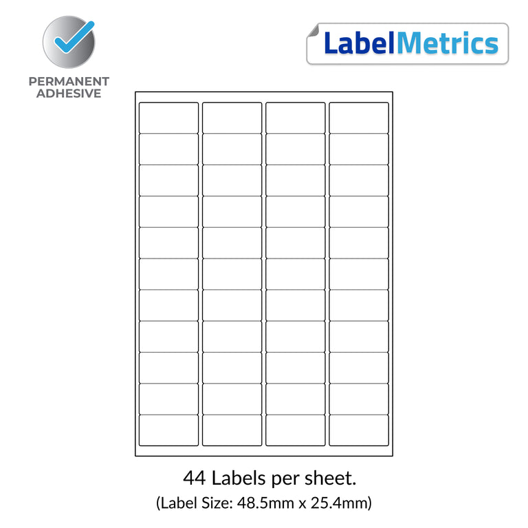 A4 Laser Labels - Inkjet Labels - 44 Per Sheet, 48.5mm x 25.4mm.