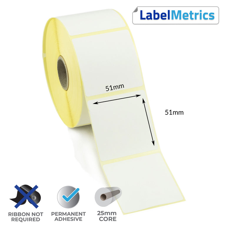 51 x 51mm Direct Thermal Labels - Permanent Adhesive