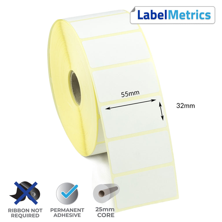55 x 32mm Direct Thermal Labels - Permanent Adhesive