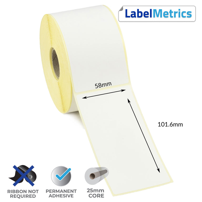 58 x 101.6mm Direct Thermal Labels - Permanent Adhesive