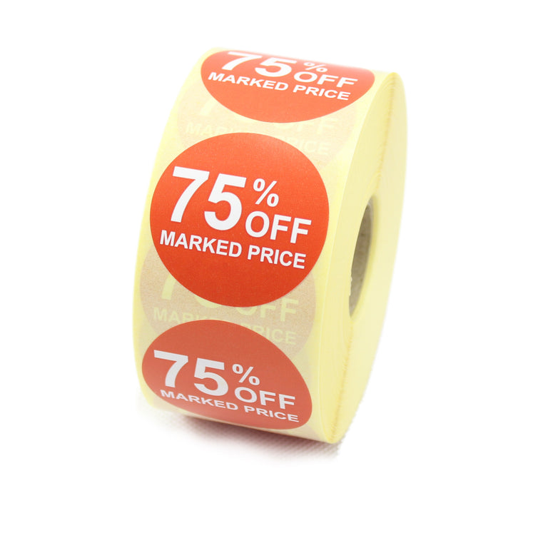 75% off marked price Promotional Labels, Red & White. 40mm Diameter.